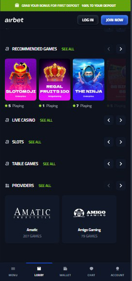 AircashBet Casino mobile lobby