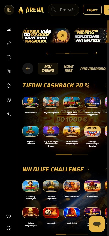 Arena Casino mobile lobby