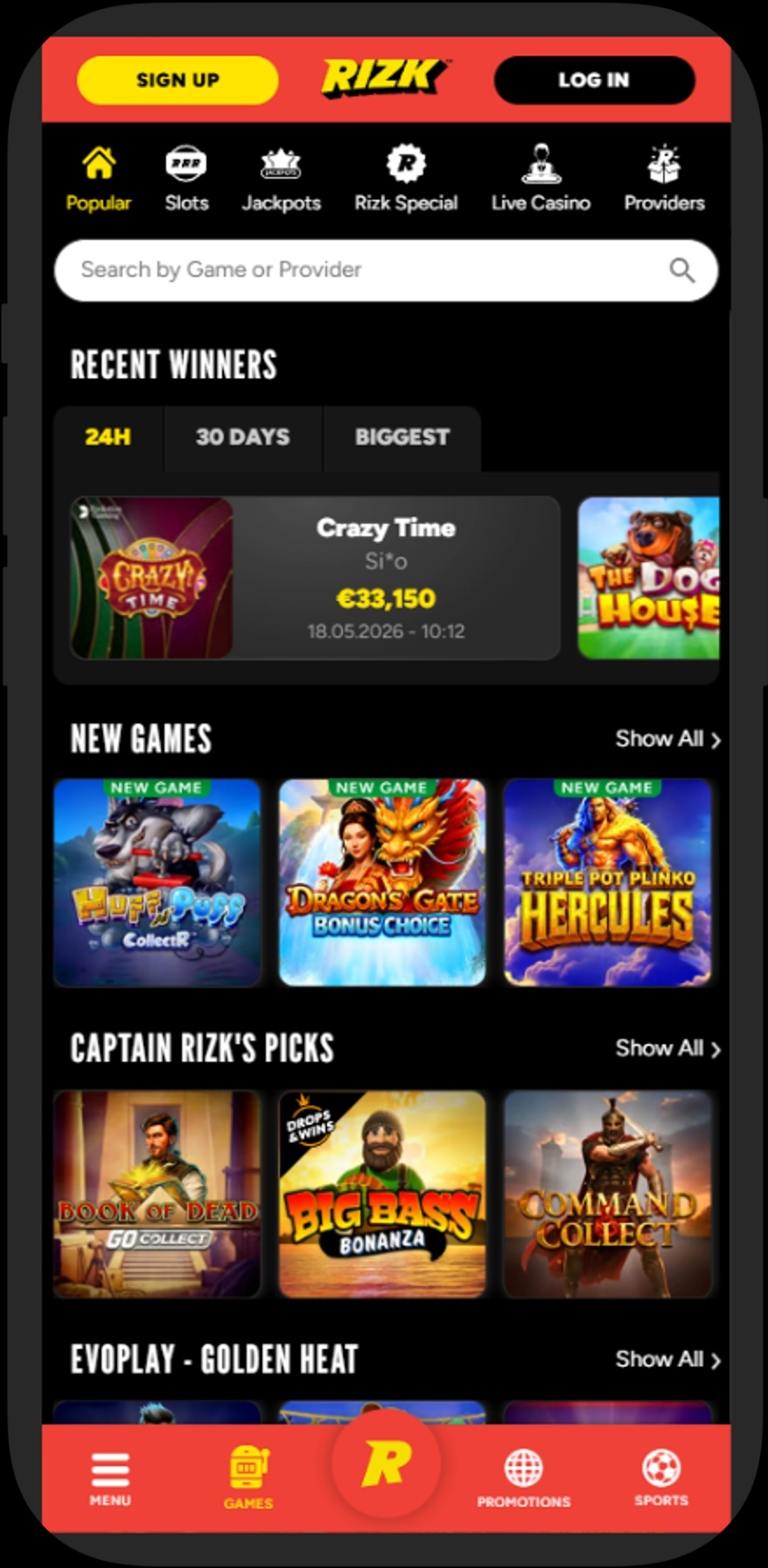 Rizk Casino mobile lobby